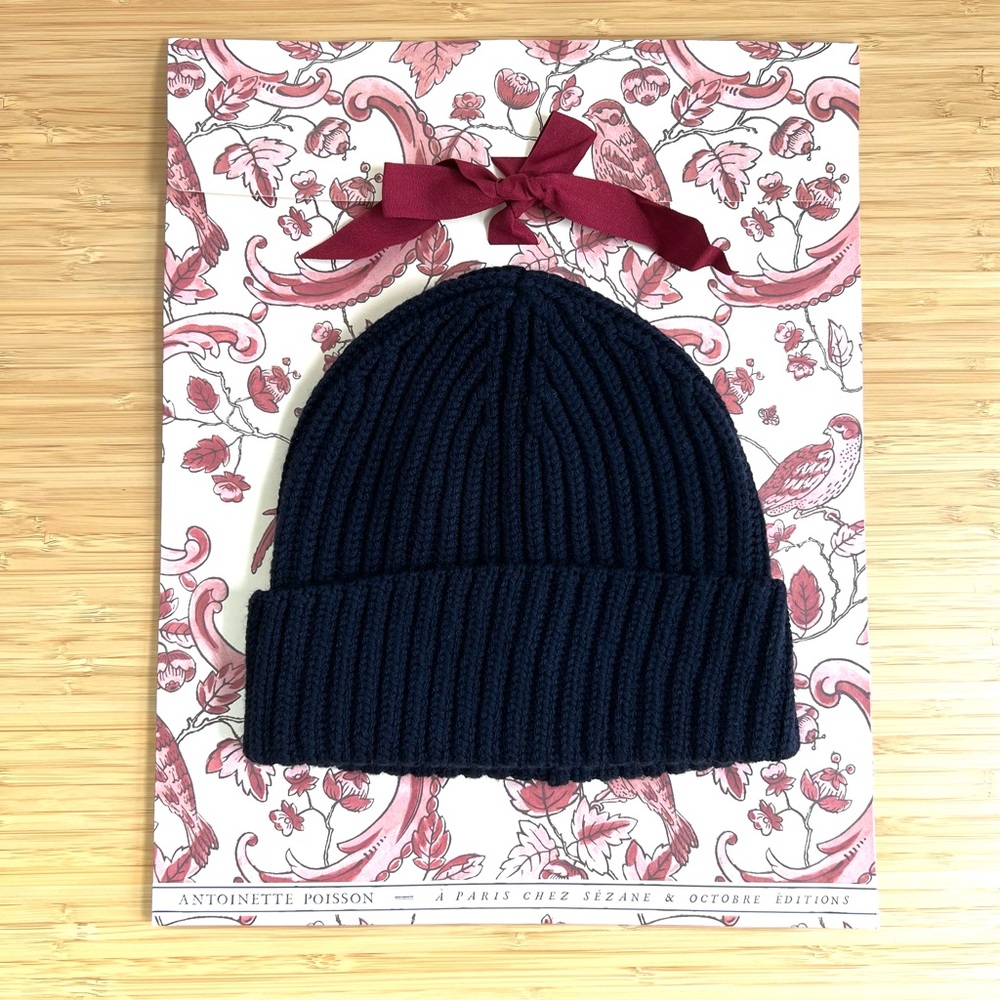 Sezane Adam Beanie 100% Merino Wool Navy + Paper Pouch